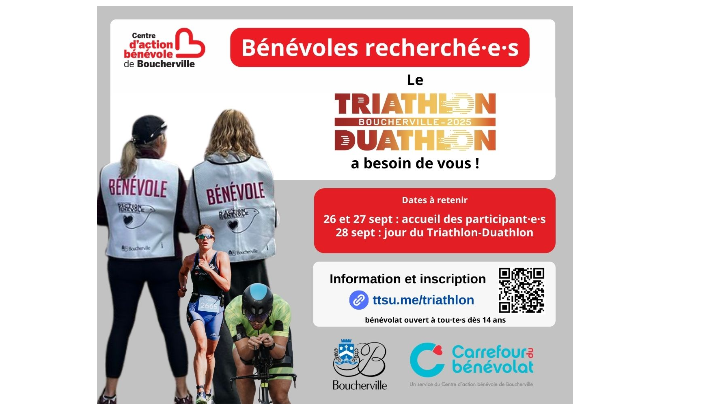 Bénévoles recherché·e·s pour le Triathlon-Duathlon de Boucherville
